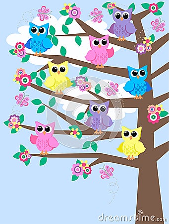 Colourful owls in a tree Vector Illustration