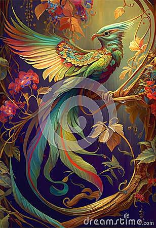 Colourful bird rainbow colors painting Mucha style Cartoon Illustration