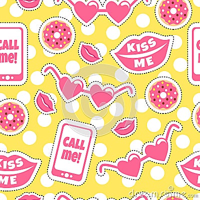 Colourful pattern with funny stickers. Kiss me. Call me. Stock Photo