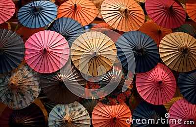 Colourful and patterned chinese umbrellas, created using generative ai technology Stock Photo