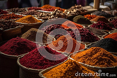 Colourful piles of spices on an Eastern market. Generative AI Stock Photo