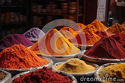 Colourful piles of spices on an Eastern market. Generative AI Stock Photo