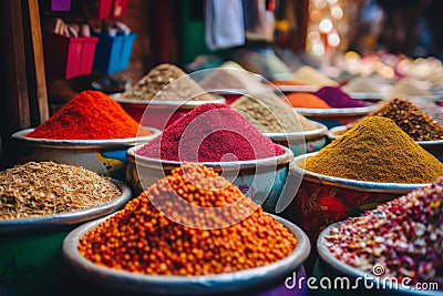 Colourful piles of spices on an Eastern market. Generative AI Stock Photo