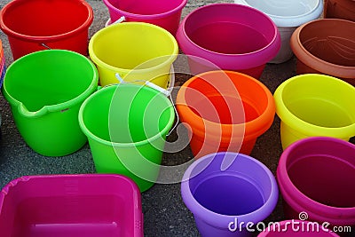 Colourful Plastic Buckets and Pots Stock Photo