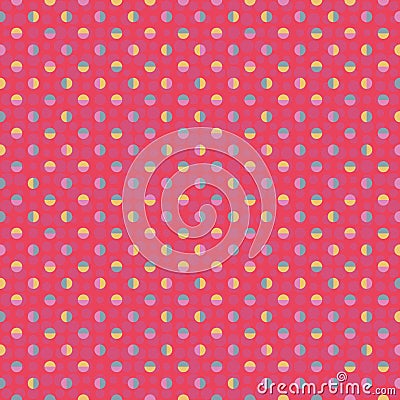 Colourful Polka-Dots on red background - seamless vector pattern. Bold geometric pattern with tiled circles. Vector Illustration