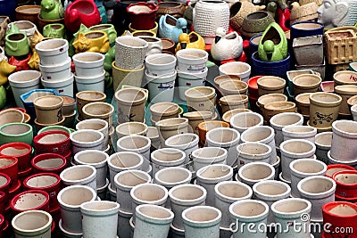 Colourful pots, handmade ceramics folk crafts city market place street bazaar outdoor glass cup plate colourful Stock Photo