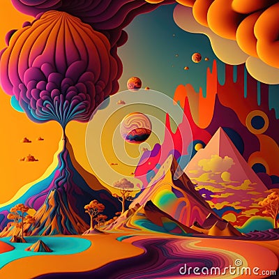 Colourful and psychedelic planet with mountains and trees, created using generative ai technology Stock Photo
