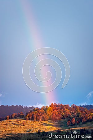 Colourful rainbow aver autumn forest landscape after the storm in the mountains or Roumania , vertical photo landscape Stock Photo