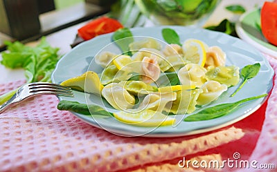 Colourful ravioli on plate with Green. Restaurant menu. Food art. Dinner time. Healthy lifestyle Stock Photo