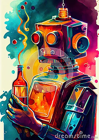 Colourful Robot drinking beer Stock Photo