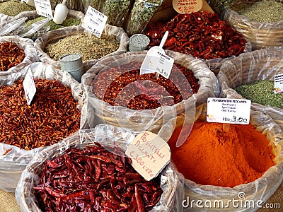 Colourful selection of spices in market, Syracuse, Sicily, Italy Stock Photo