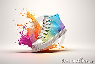 Generative AI. Colourful sneaker illustration. Bright multi-colored running shoes on a white background with a splash of color pai Cartoon Illustration