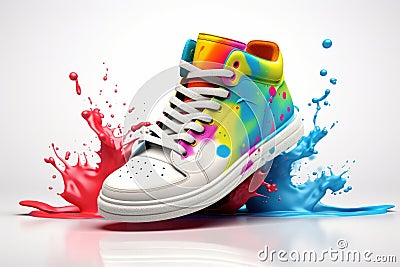 Generative AI. Colourful sneaker illustration. Bright multi-colored running shoes on a white background with a splash of color pai Cartoon Illustration