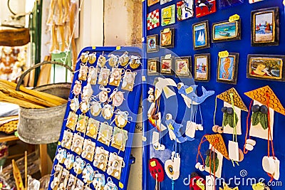 Colourful souvenirs for sale in Crete, Greek Islands, Greece, Europe Editorial Stock Photo