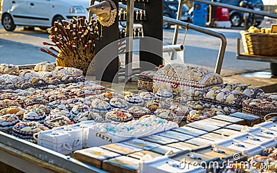 Colourful souvenirs and sea shells for sale in Crete, Greek Islands, Greece, Europe Editorial Stock Photo