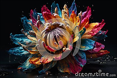 Colourful splash dripping water drops, paint on multicoloured flowers, abstract background. AI generated Stock Photo