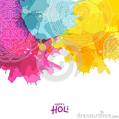 Colourful splash with mandala design decorated background for Indian Festival of Colours, Happy Holi celebration Vector Illustration