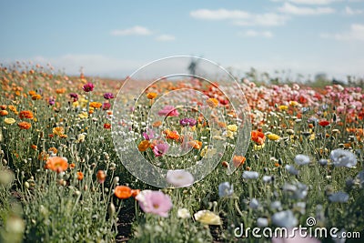 Colourful spring flowers at field over blue sky, created using generative ai technology Stock Photo