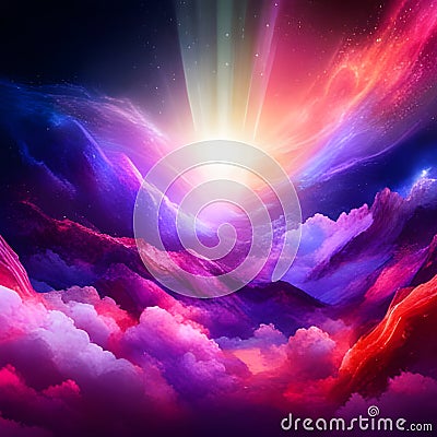 Colourful starburst above multicoloured cloudscape. Concept of Cosmic Energy, divine presence, healing and spiritual Cartoon Illustration