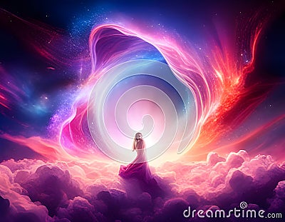 Colourful starburst above multicoloured cloudscape. Concept of Cosmic Energy, divine presence, healing and spiritual Cartoon Illustration