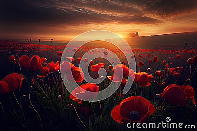 Colourful Stunning Field of Red Poppys Generative AI Illustration Stock Photo