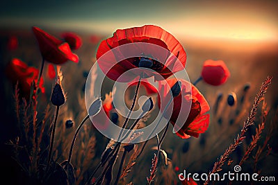 Colourful Stunning Field of Red Poppys Generative AI Illustration Stock Photo