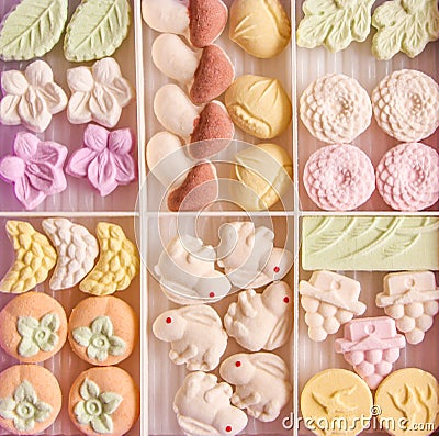 Colourful sugar Japanese Higashi sweets in a box Stock Photo