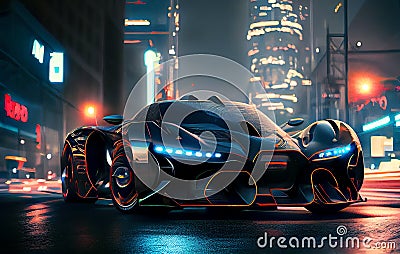 Colourful Surreal Futuristic Supercar in a Night City Scene Generative AI Illustration Stock Photo