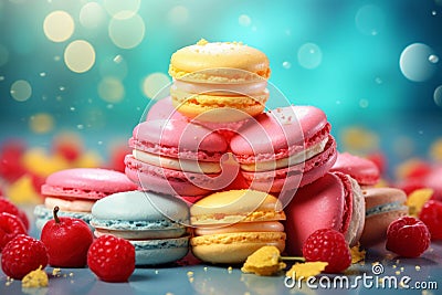 Colourful sweet macaroon pastry background. Dessert cake food bakery side view image Stock Photo