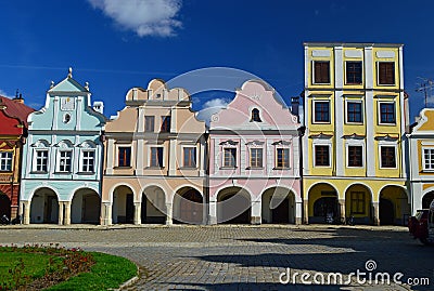 Colourful Telc 3 arcaded building aorund the main square Editorial Stock Photo