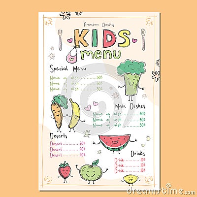 Colourful template for children menu. Drawn fruits and vegetables with funny faces. Name of dishes and price Vector Illustration