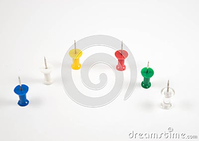 Colourful thumbtacks isolated with white, over white. Map pin and pins Stock Photo