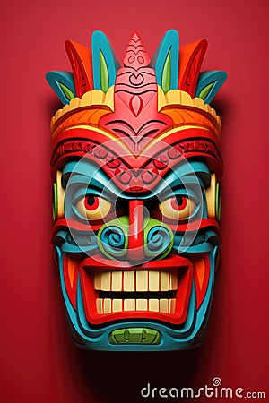 Colourful tiki mask on red background, created using generative ai technology Stock Photo