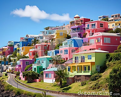 colourful town houses on a hill with the sea ocean water. Cartoon Illustration