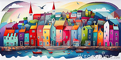 Colourful town houses on a hill with the sea ocean water to front Stock Photo
