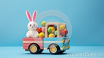 Colourful toy car with bunny and easter eggs before blue background Stock Photo