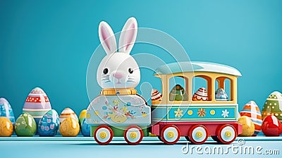 Colourful toy train with bunny and easter eggs before blue background Stock Photo