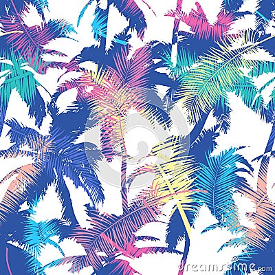 Colourful trendy seamless exotic pattern with palm. Modern abstract design for paper, wallpaper, cover, fabric and other users. Ve Cartoon Illustration