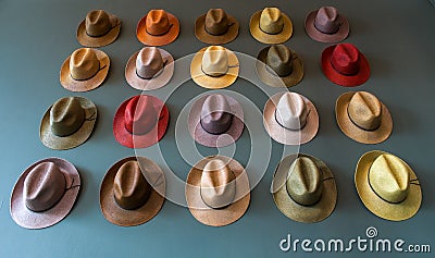 Colourful trilby hat collection, displayed on a wall Stock Photo