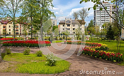 Colourful Tulips Flowerbeds and Path in an Spring Formal Garden Stock Photo