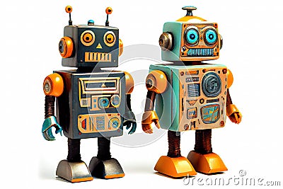 Colourful Two Surreal Retro Tin Robots Generative AI Illustration Stock Photo