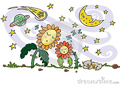 Colourful vector drawing. Cute sleeping sun flowers, cat, crescent moon, planet, comet and shooting stars elements Vector Illustration