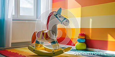 Colourful vibrant rocking horse in a nursery setting Stock Photo