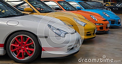 Classic cars: row of colourful Porsches, the iconic 911 Editorial Stock Photo