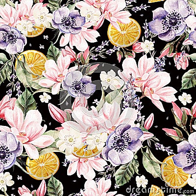 Colourful watercolor pattern with flowers of lavender, magnolia, anemones, and orange fruits. Stock Photo