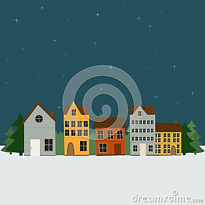 Colourful winter scandinavian houses in night. Flat style Vector Illustration