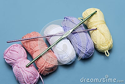 Colourful yarn and crochet hooks, with copy space Stock Photo