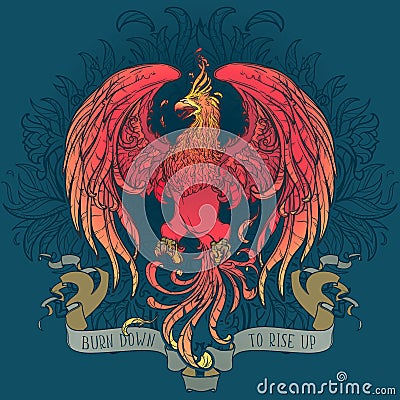 Colourfull and intricate drawing of hte legendary Phoenix bird on a decorative flames and plants ornament with a Vector Illustration