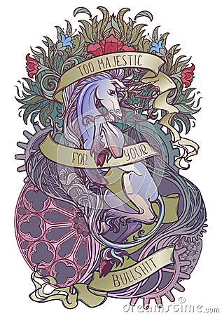 Colourfull and intricate drawing of hte legendary Unicorn on a decorative flames and plants ornament with a motivation Vector Illustration
