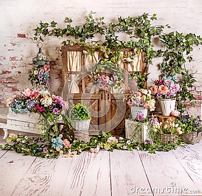 Colourfull spring sett up with colourful flowers ,fraise, purple, turqoise, pink and light wood Stock Photo